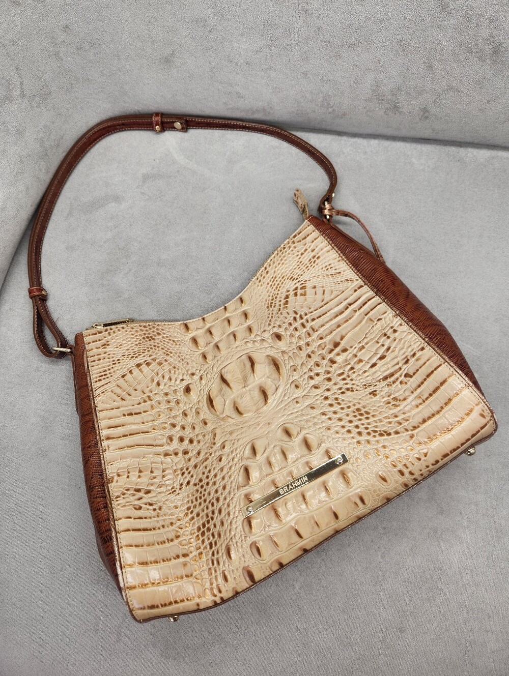 Brahmin Hobo Bag Cream Brown Bi Texture Leather Lizzard Croc Tabitha Shoulder